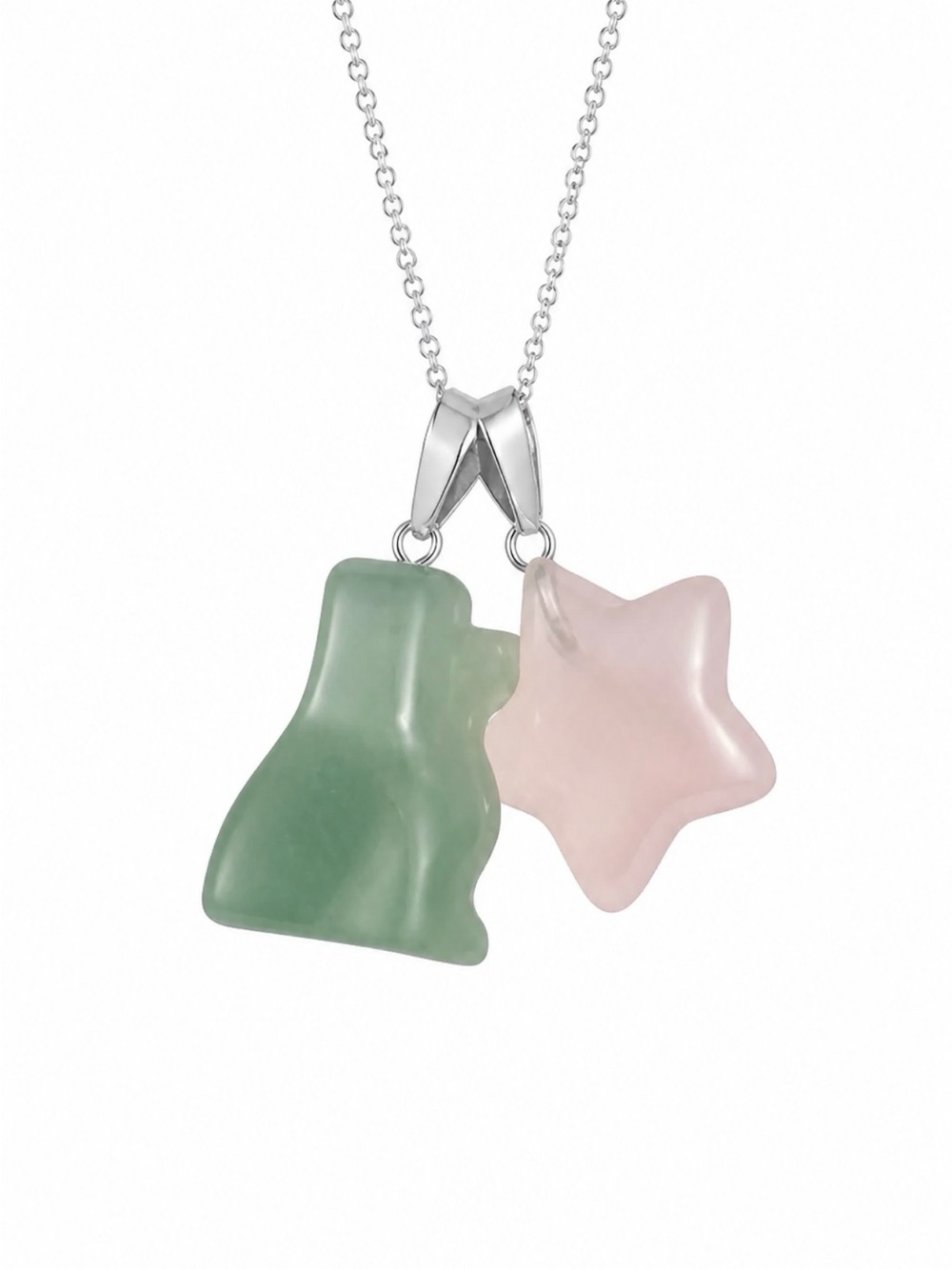 Boho Hippie Jade Dog and Rose Quartz Crystal Star Silver Necklace 16”
